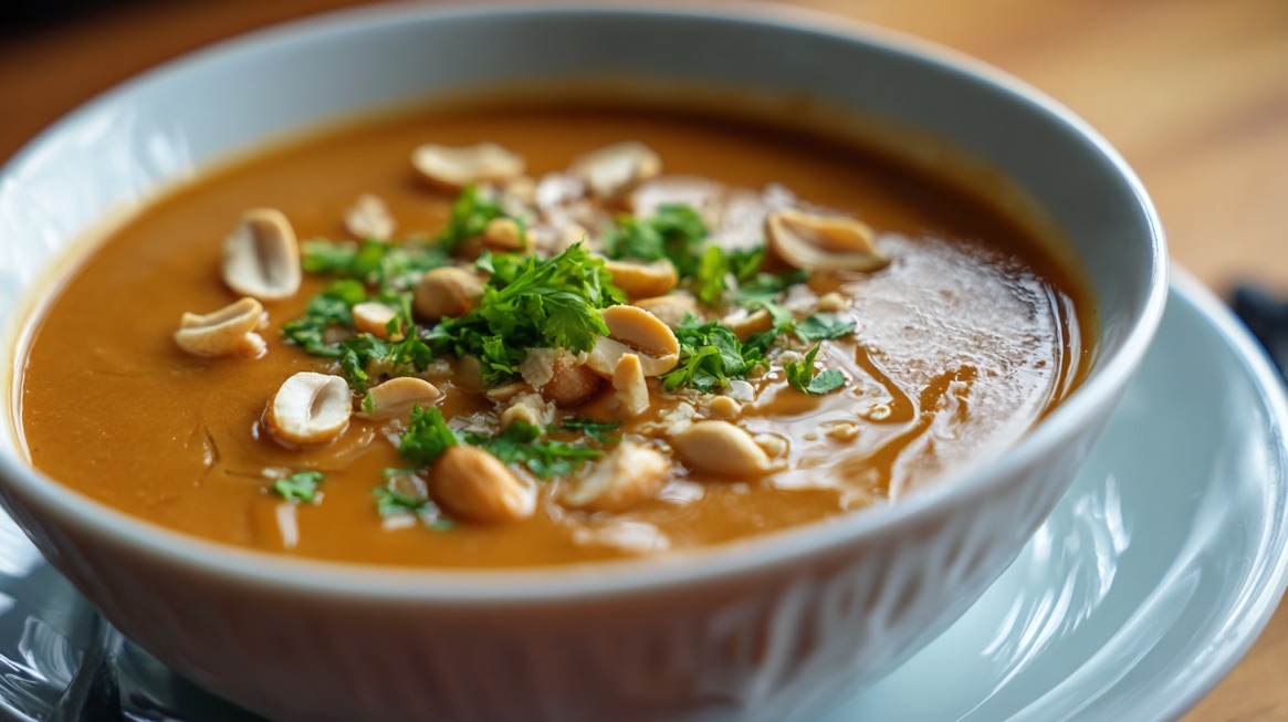 Close-up of a bowl of peanut soup garnished with chopped peanuts and fresh parsley