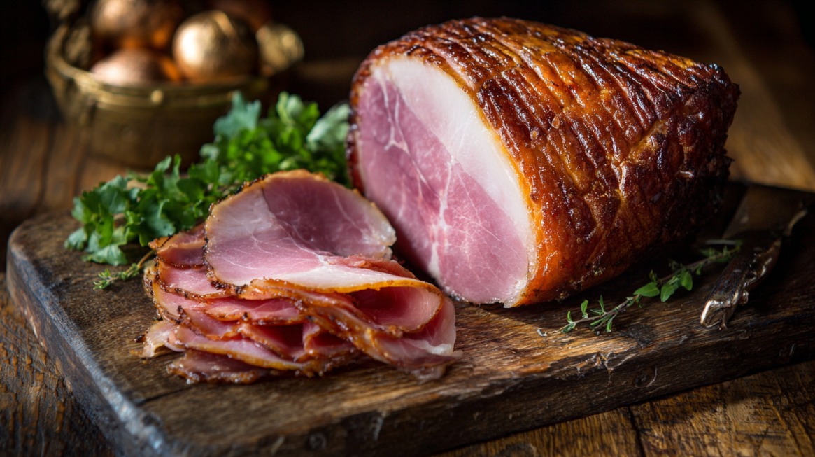 Sliced Smithfield ham on a wooden board with herbs, showing its glazed crust and pink interior
