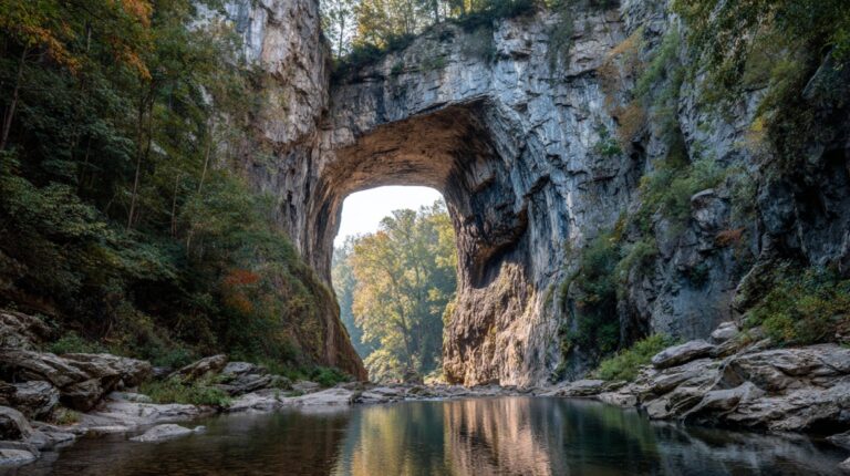 A massive limestone arch known as Virginia’s Natural Bridge, with trees and a clear creek flowing beneath it.