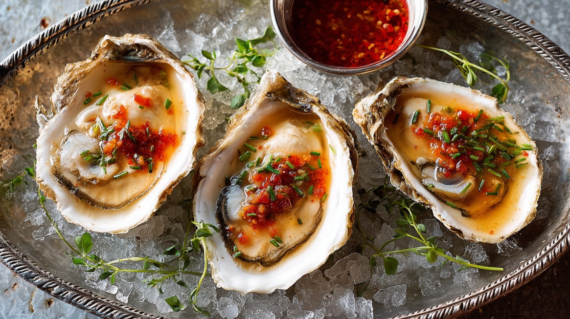 Three oysters on the half shell served on ice with red sauce and green herbs