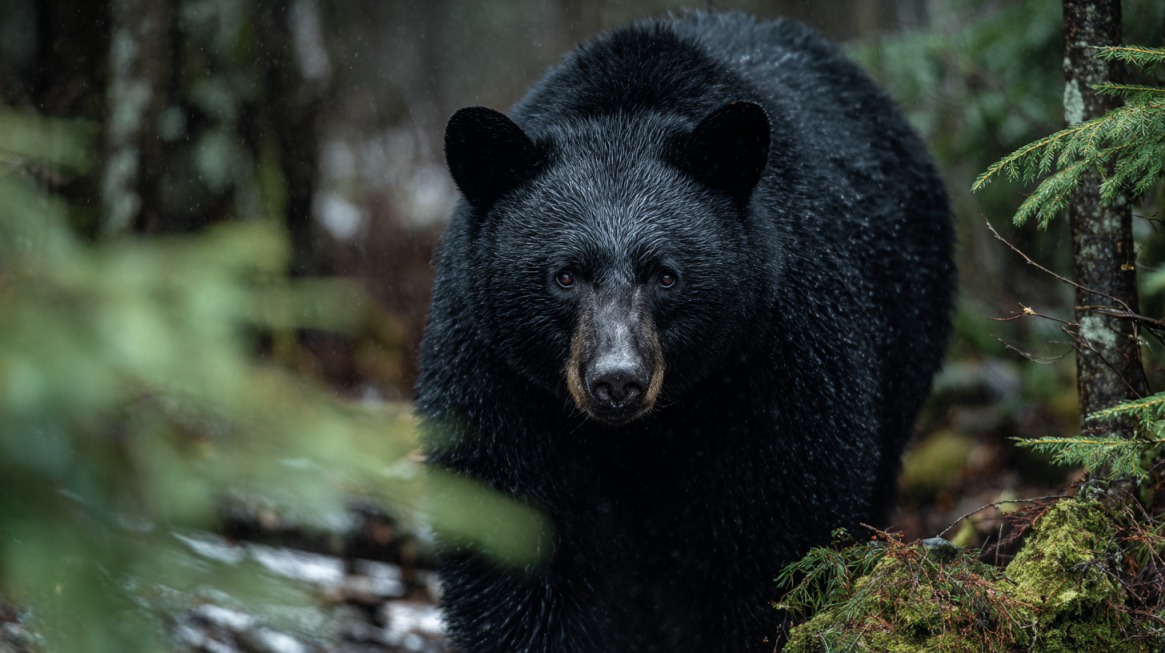 Close-up of a black bear walking through a forest