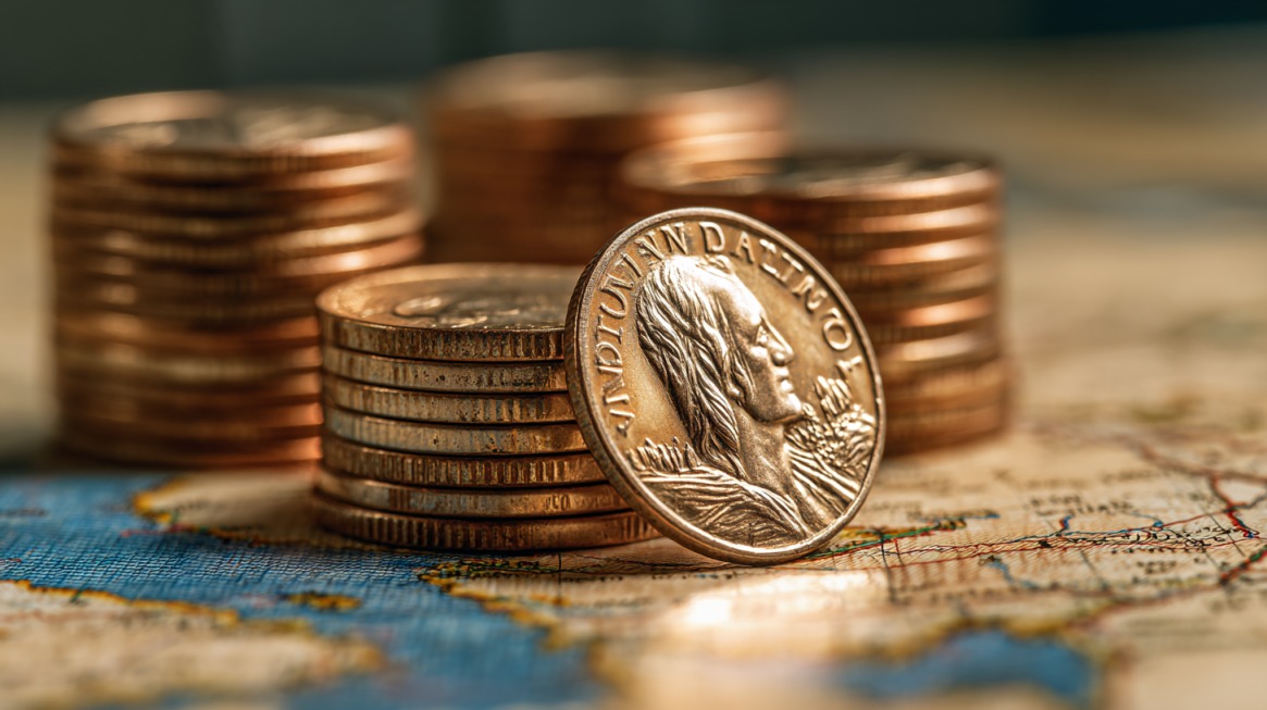 Stacks of golden coins placed on a map, symbolizing financial planning and funding strategy for a large-scale project