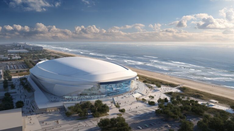 Aerial view rendering of the proposed Virginia Beach Arena located on the oceanfront near the shoreline