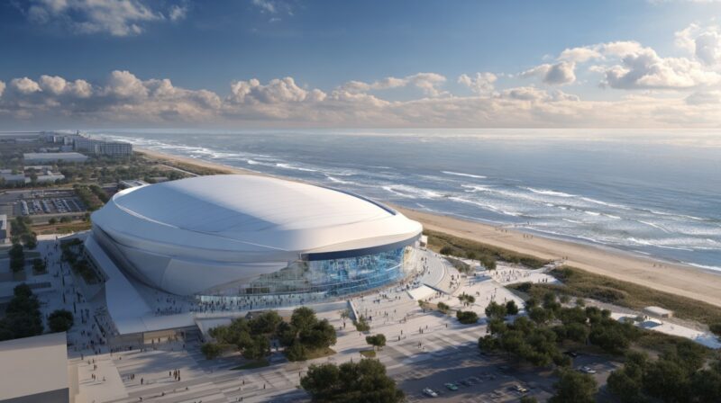 Aerial view rendering of the proposed Virginia Beach Arena located on the oceanfront near the shoreline