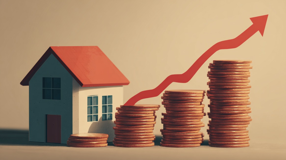 Model house beside stacks of coins increasing in height with a red upward arrow showing rising housing prices