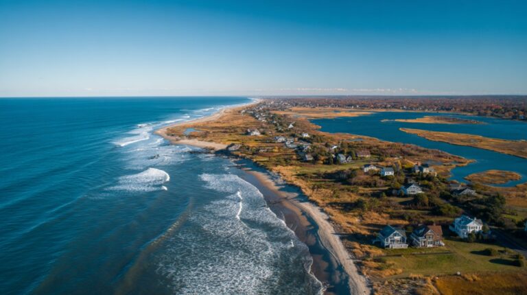 Aerial view of a long sandy coastline with gentle waves, seaside homes, and marshlands under a clear blue sky