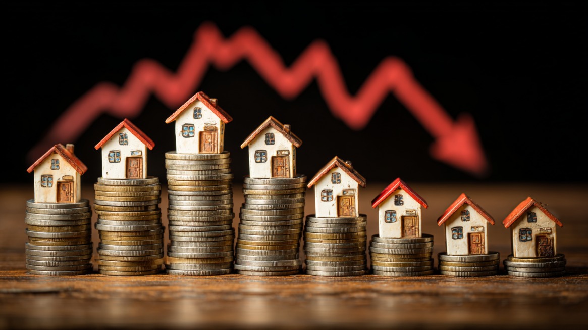 Stacks of coins topped with small house models in descending height, with a red downward trend arrow in the background