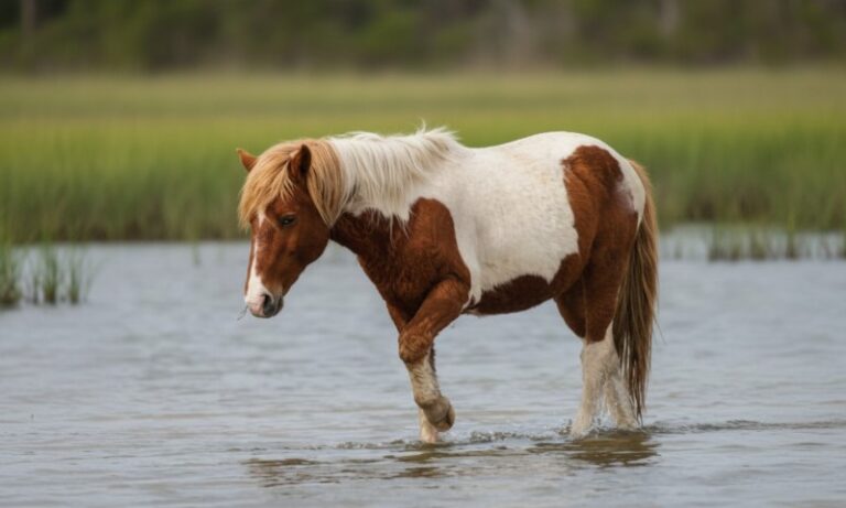 A Chincoteague Pony walks through the water in a marsh