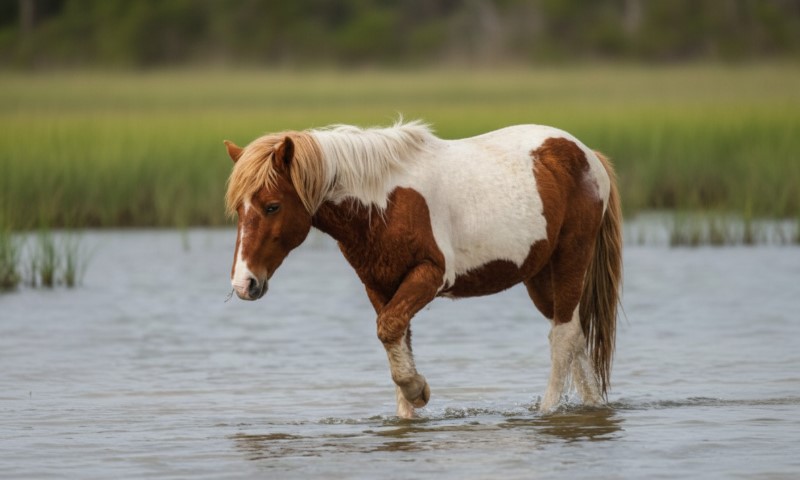 A Chincoteague Pony walks through the water in a marsh
