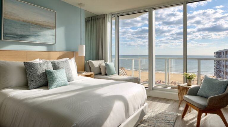 Beachfront hotel room with ocean view through large windows