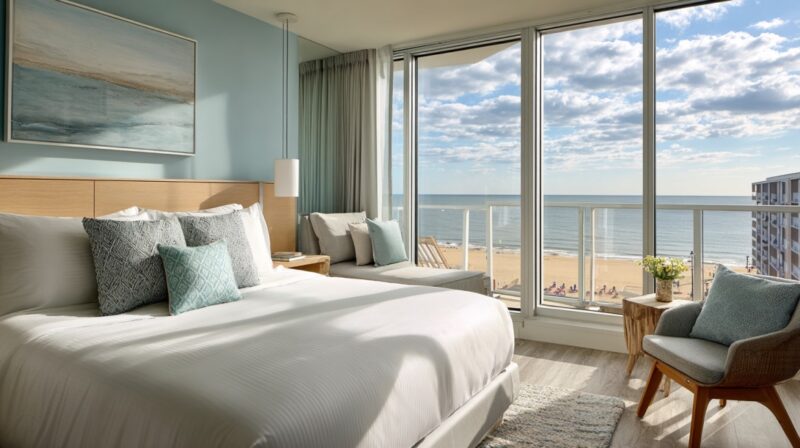 Beachfront hotel room with ocean view through large windows