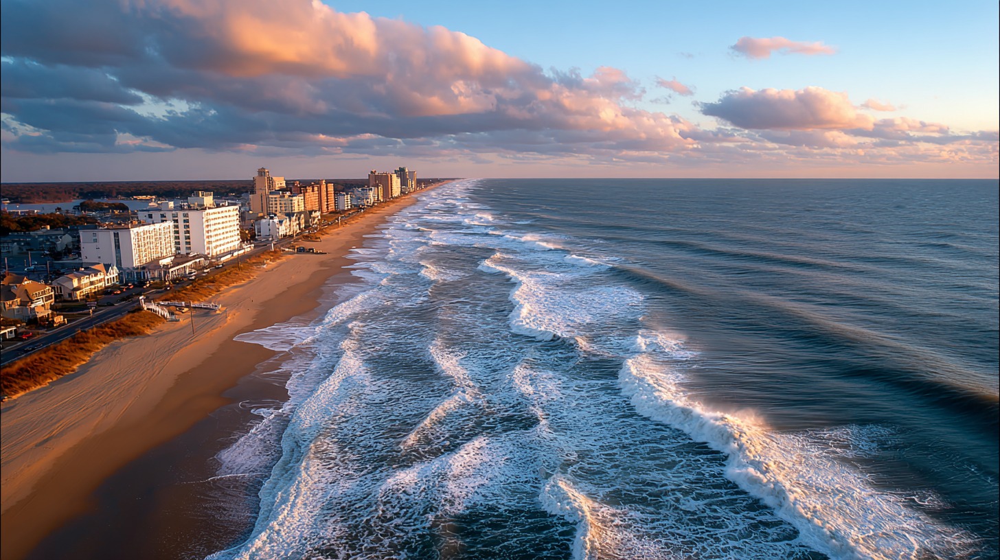 Aerial view of Virginia Beach shoreline at sunrise with waves and beachfront buildings