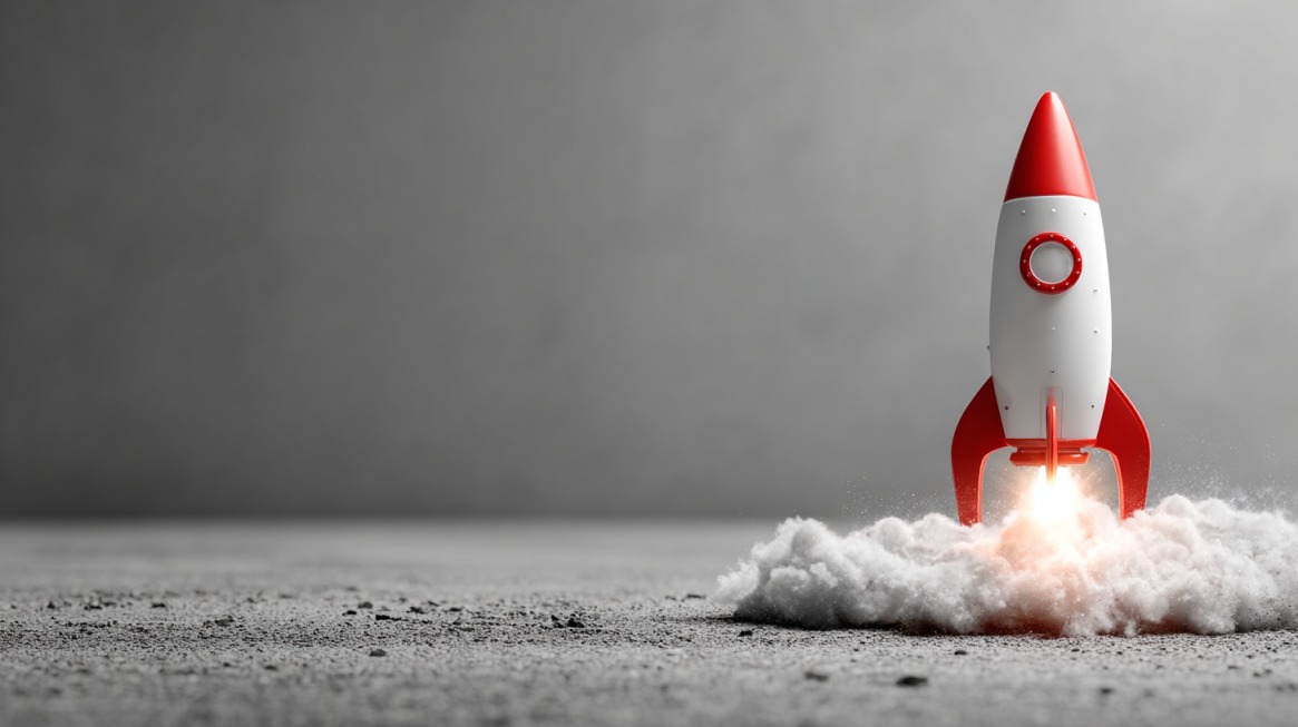 Red and white rocket lifting off with smoke on the ground