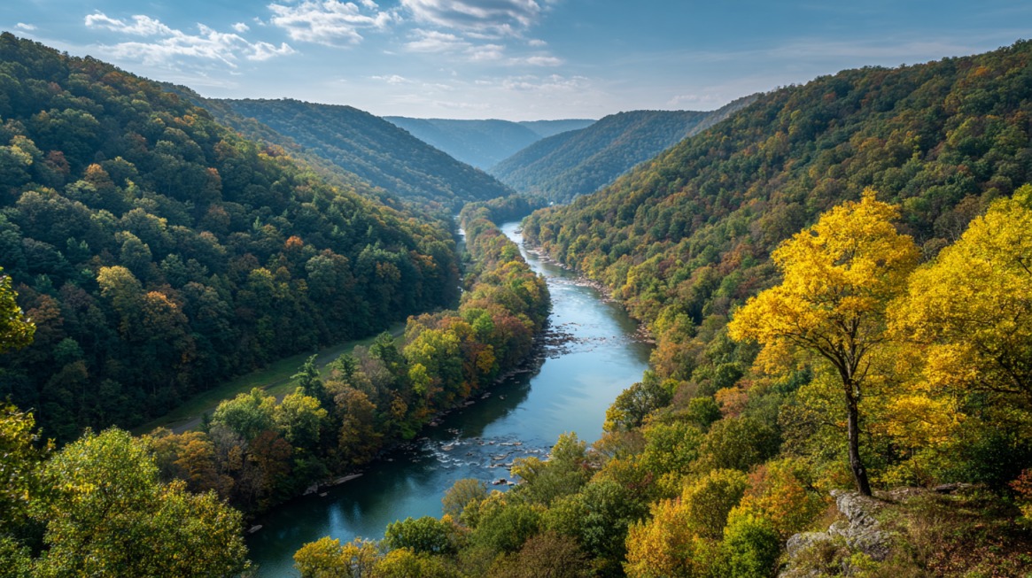 A scenic river winding between two forested mountain ridges in West Virginia during early autumn