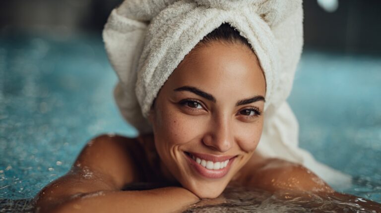 Smiling woman with a towel wrapped around her head relaxing in spa water