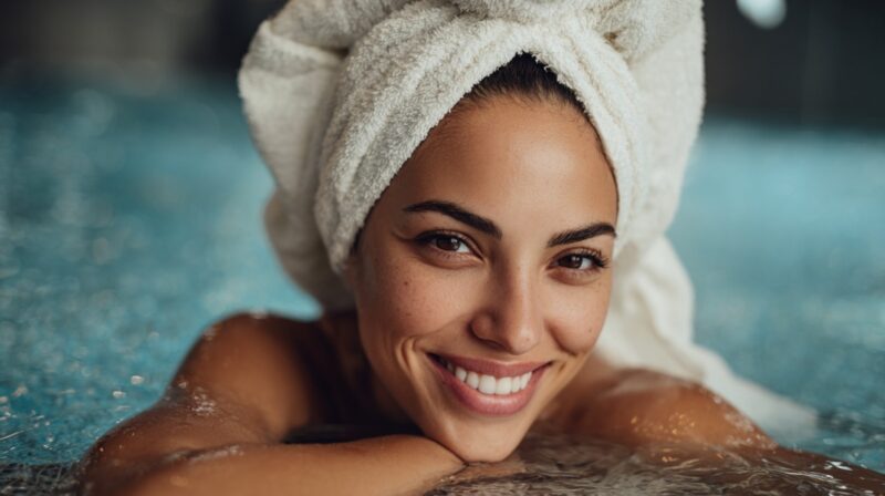 Smiling woman with a towel wrapped around her head relaxing in spa water