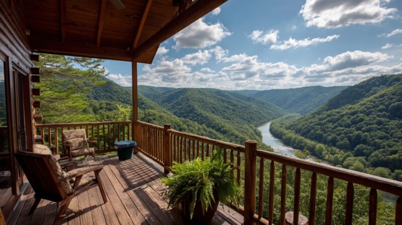 Wooden cabin deck with chairs and plants facing a scenic view of forested mountains and a winding river