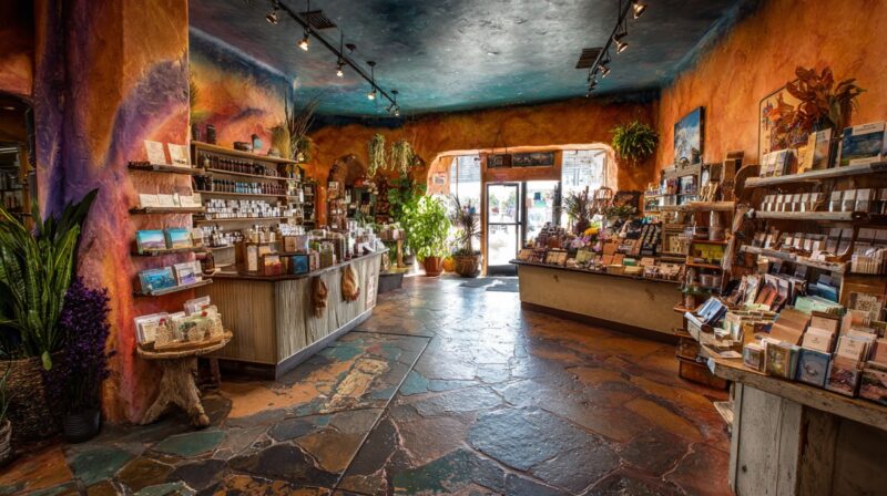 Interior of a vibrant gift shop with shelves of products, plants, and rustic décor
