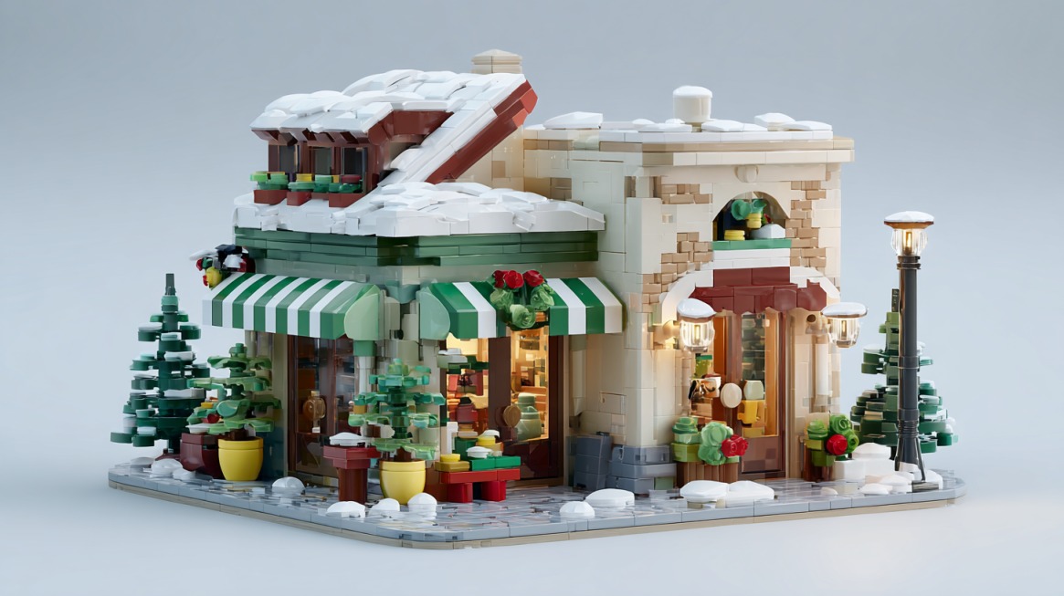 Miniature winter gift shop model with snow, lights, and festive decorations