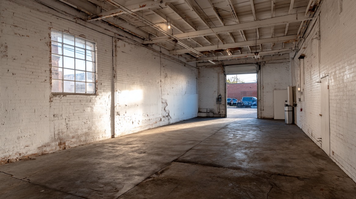Empty commercial warehouse-style space with white brick walls, concrete floors, and an open garage door leading to a parking area