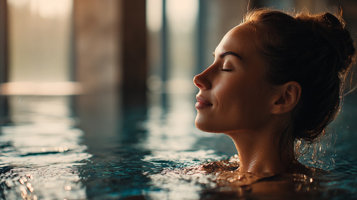 Woman relaxing in a spa pool with her eyes closed