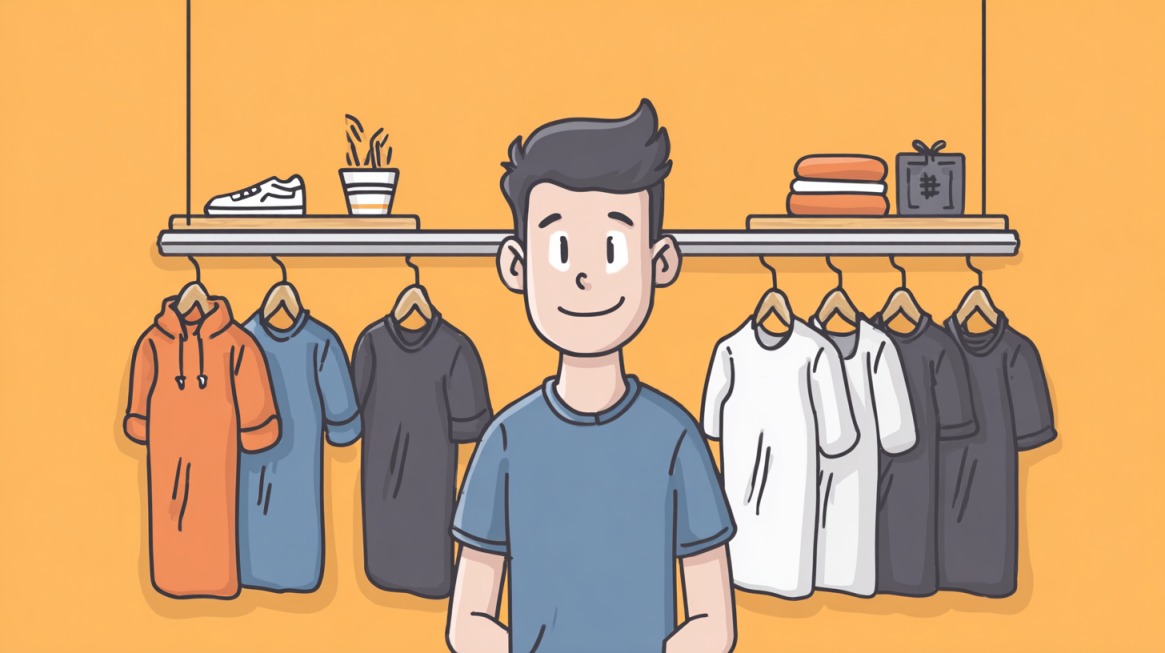Cartoon-style illustration of a person standing in front of a clothing display with shirts and hoodies on hangers