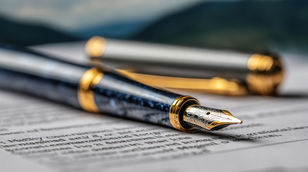 Close-up of an elegant fountain pen resting on paperwork, symbolizing business registration or signing official documents
