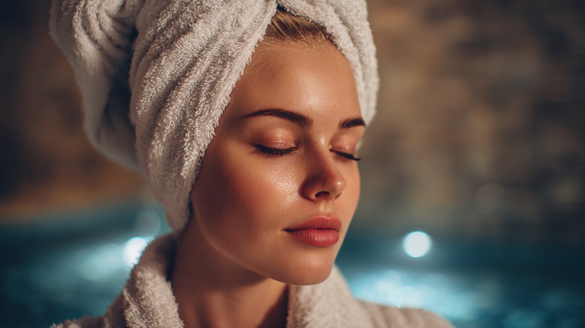 Woman with a towel wrapped around her head relaxing with eyes closed at a spa