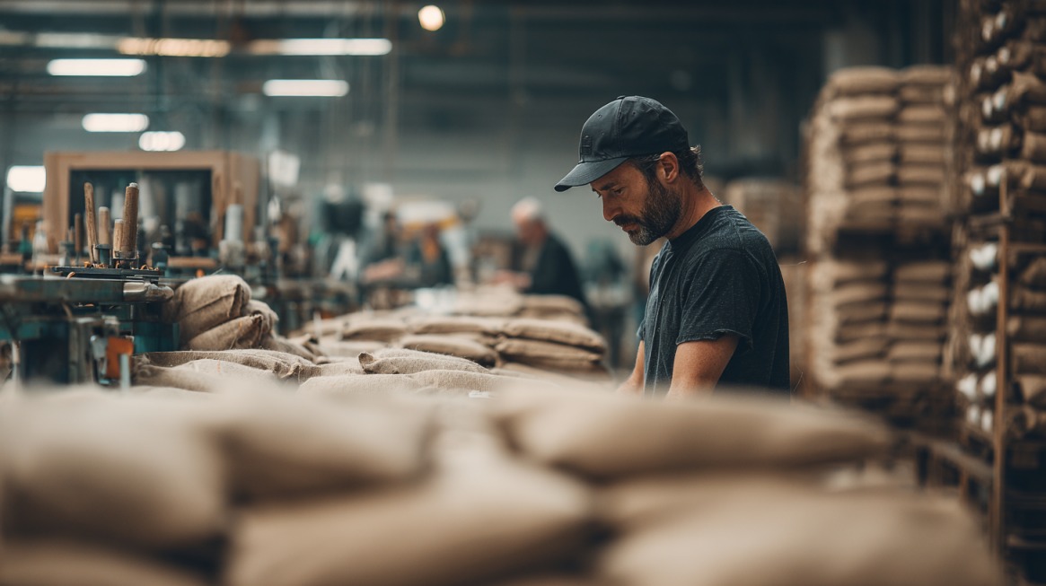 Man in a warehouse inspecting stacked burlap bags, surrounded by industrial equipment and shelves of packaged goods