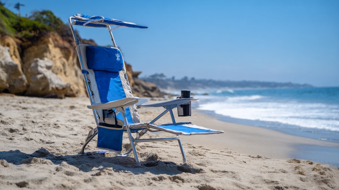 Blue adjustable beach chair with canopy, armrest table, and cup holder set on sandy beach near ocean