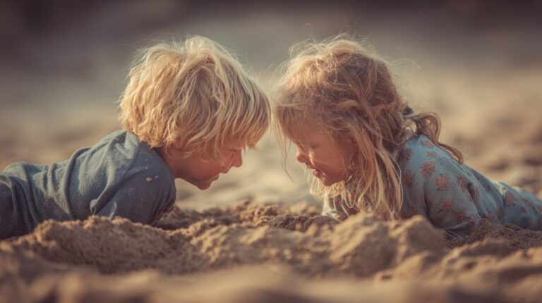 Two young children lying on their stomachs in the sand facing each other and smiling