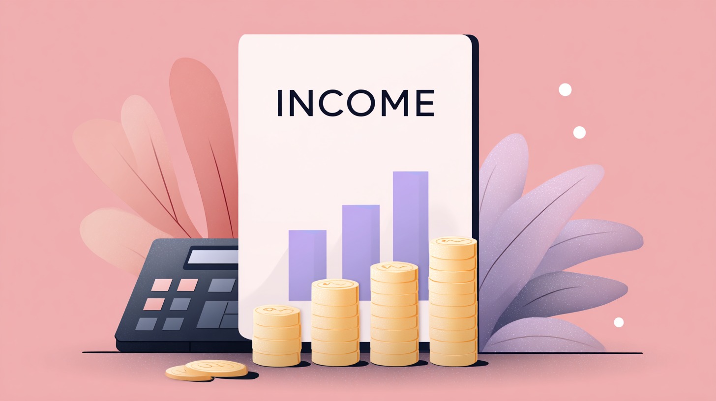 Illustration of a calculator, stacked coins, and a rising bar chart labeled income
