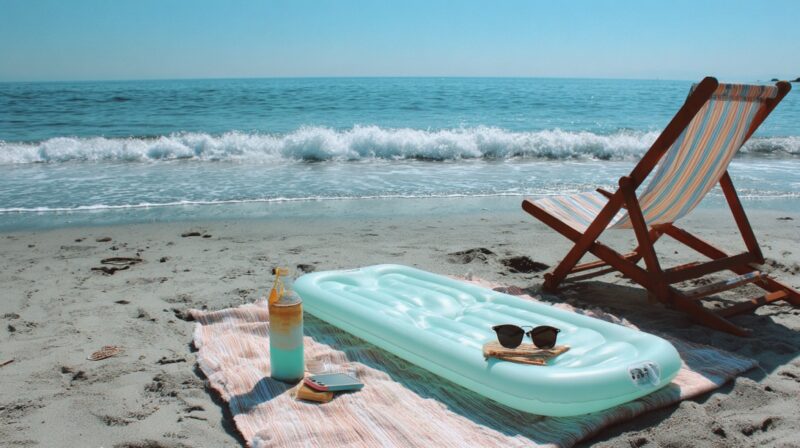 Beach scene with a striped lounge chair, inflatable float, sunglasses, sunscreen, and a book on a towel near the shoreline.