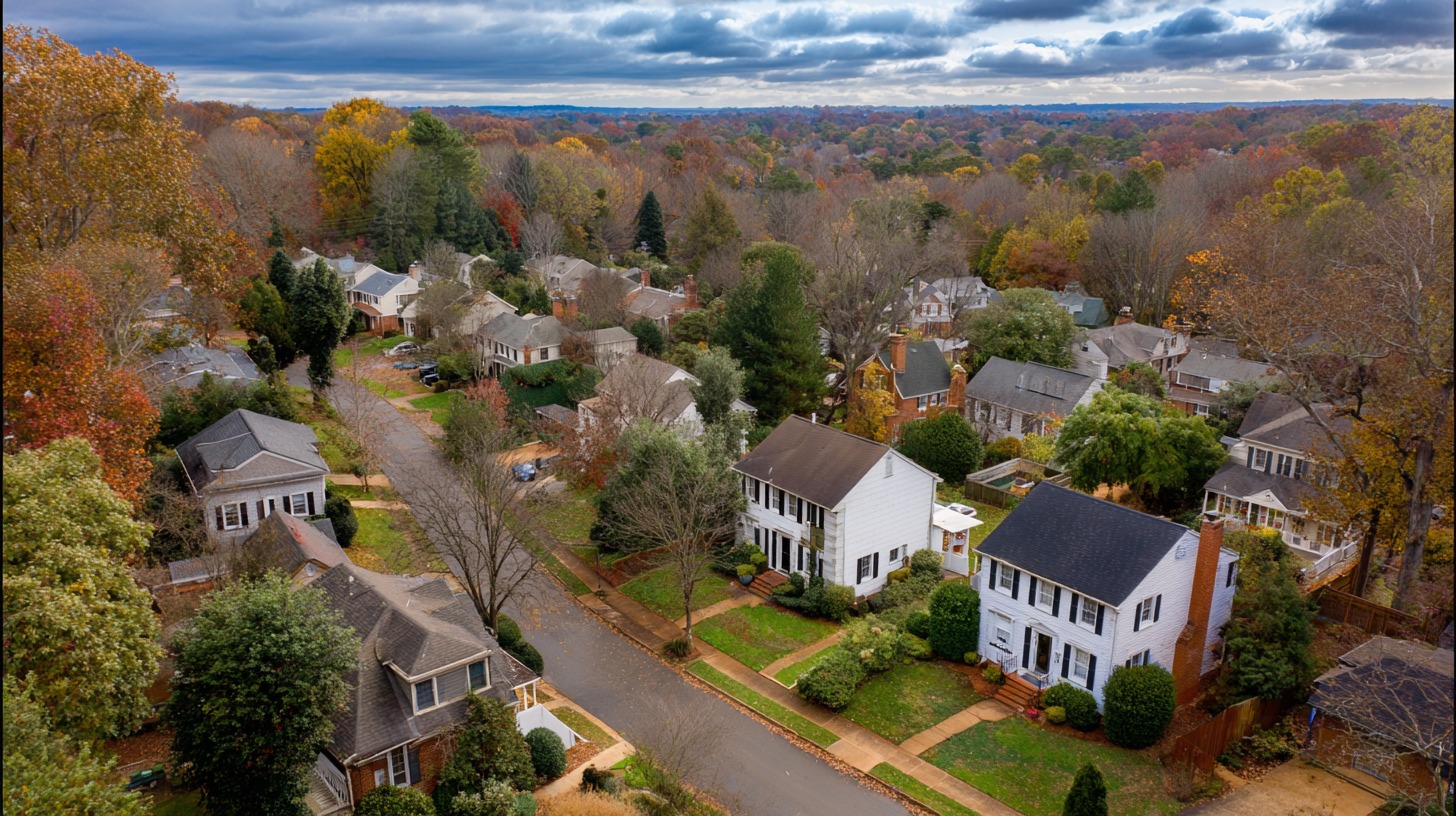 Aerial view of a tree lined suburban Virginia neighborhood with single family homes and autumn foliage