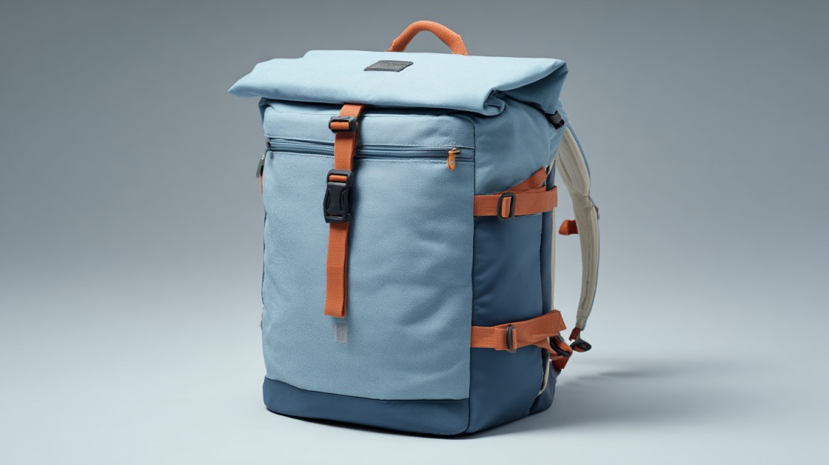 Blue insulated cooler backpack with roll top closure and padded shoulder straps on a neutral background