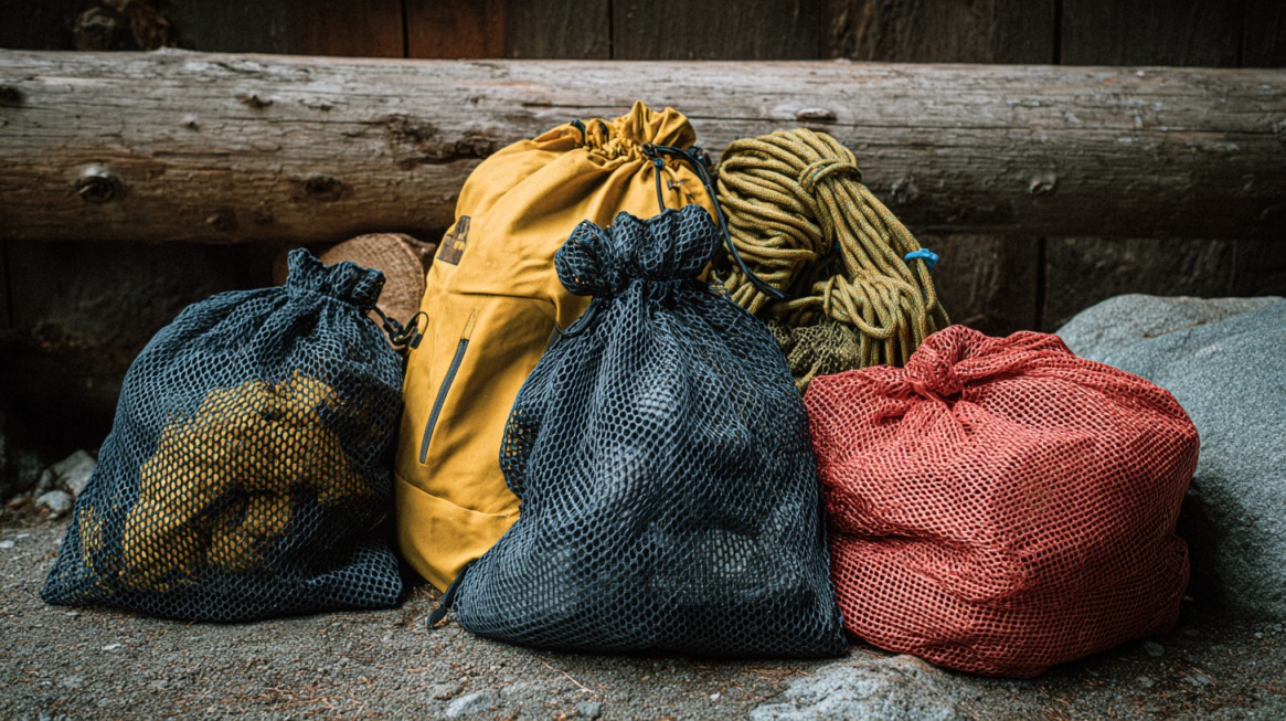 Several mesh drawstring bags filled with outdoor gear and rope resting on the ground
