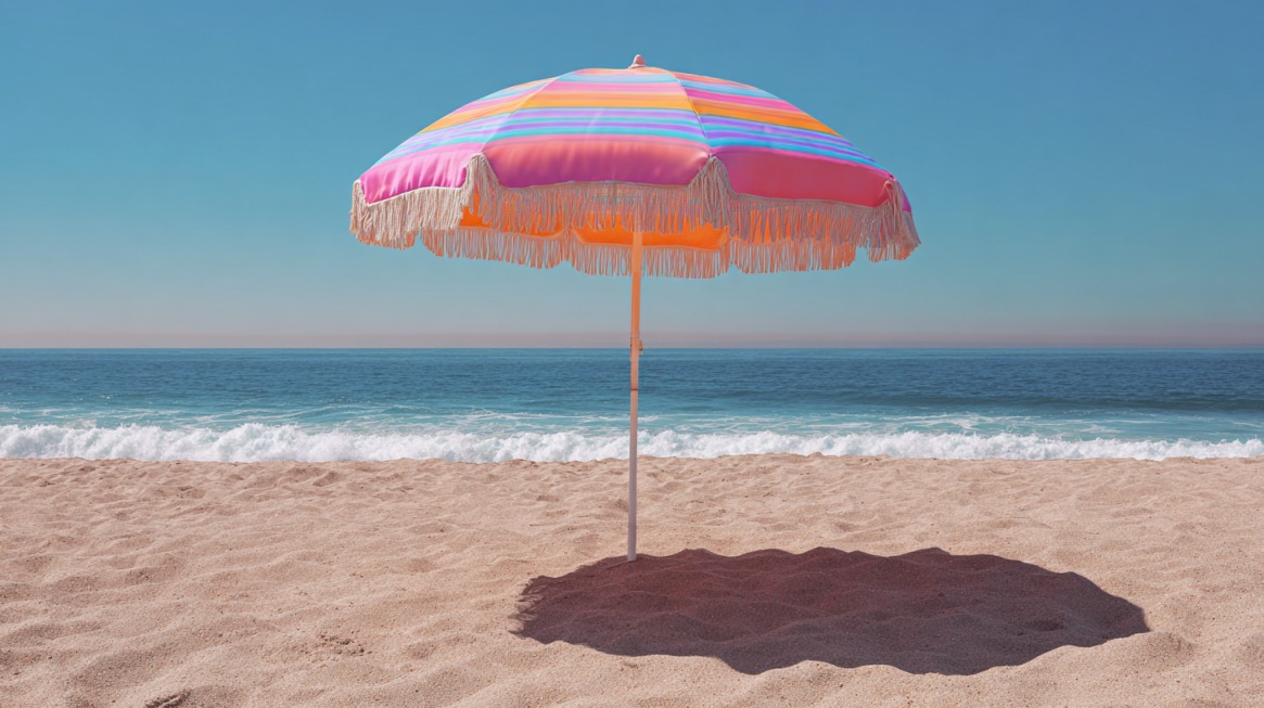 Bright striped beach umbrella standing on sandy beach with ocean waves and a clear blue sky in the background