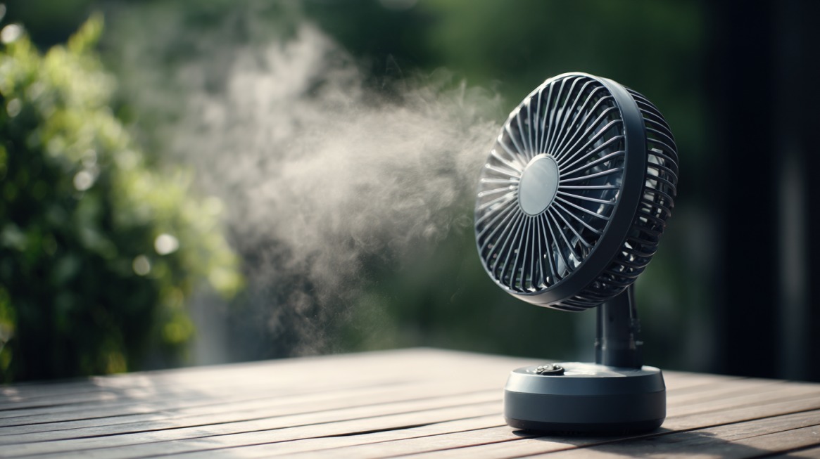 Small tabletop fan spraying a fine cooling mist outdoors