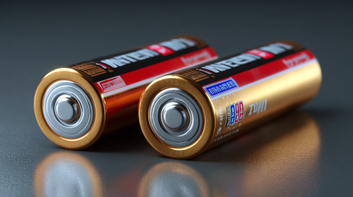 Two rechargeable AA batteries lying on a flat surface with metallic ends facing forward
