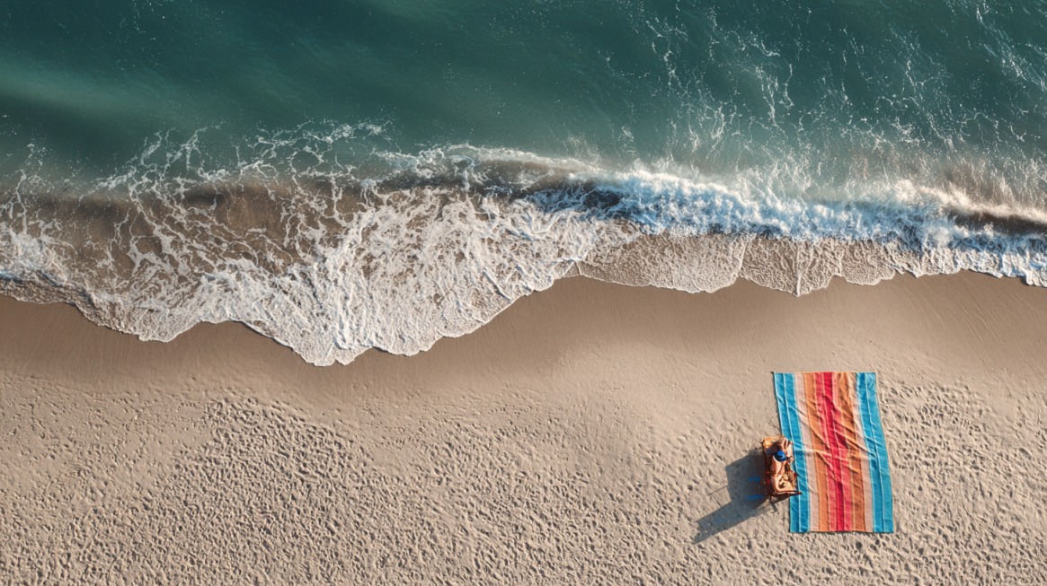 Overhead view of ocean waves meeting the shore beside a colorful beach mat with a person resting on it