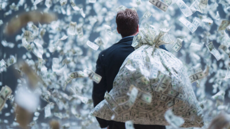 Man walking forward carrying a large bag of cash while dollar bills fall around him
