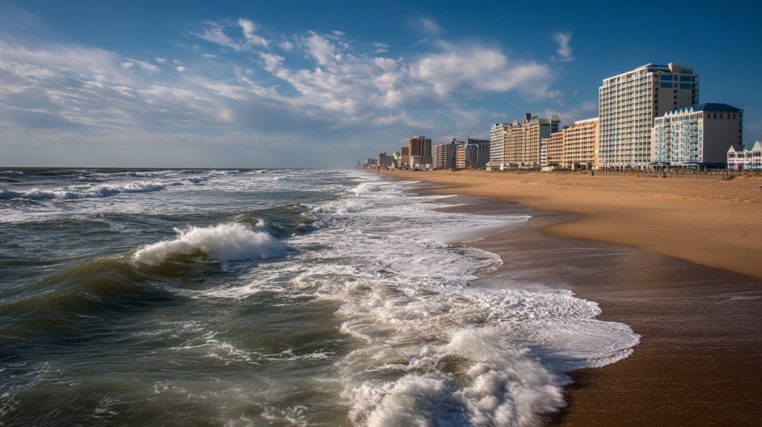 Waves breaking along a wide sandy beach with high rise hotels lining the Virginia Beach Oceanfront under a partly cloudy sky