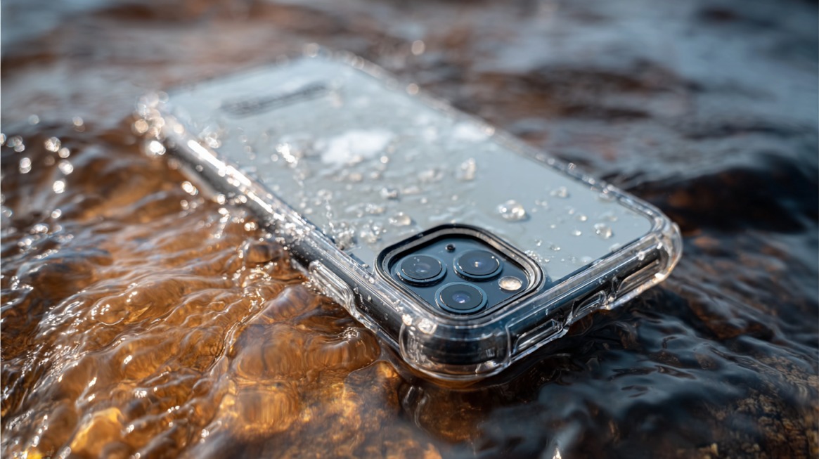 Smartphone sealed in a clear waterproof case resting in shallow water