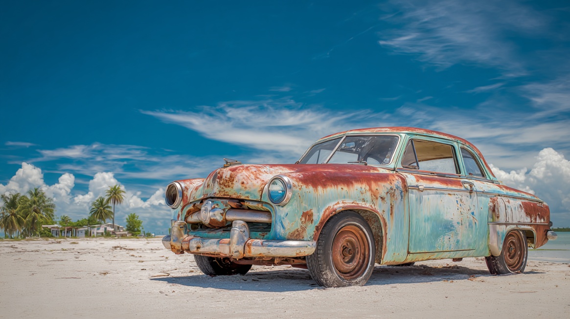 Rusty vintage car parked on a sandy beach under a blue sky