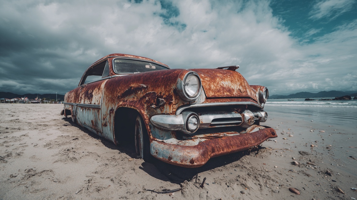 Rusty vintage car sitting on a sandy beach under cloudy skies