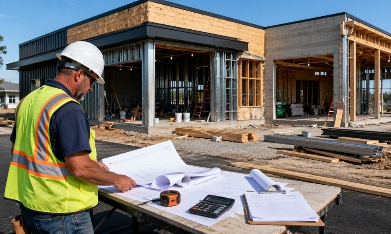 Contractor reviewing building plans at a commercial construction site in Virginia Beach.