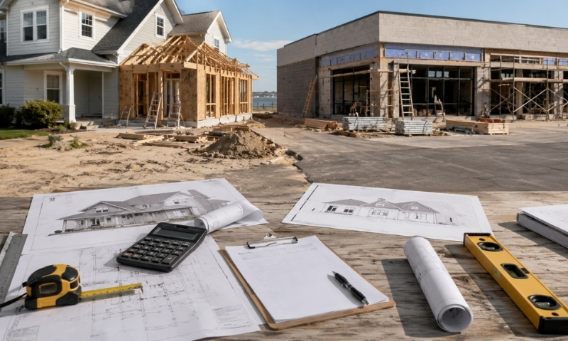 Building plans and tools in front of residential and commercial construction projects in Virginia Beach.