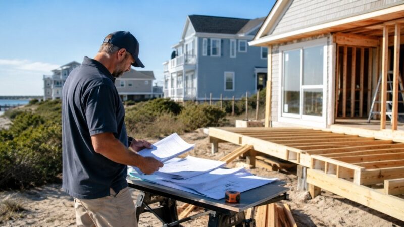 Contractor reviewing building plans beside a partially renovated coastal home in Virginia Beach.