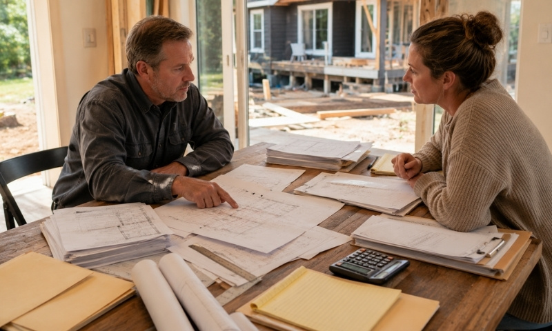 Homeowner and contractor reviewing building plans and permit documents for a Virginia Beach renovation.