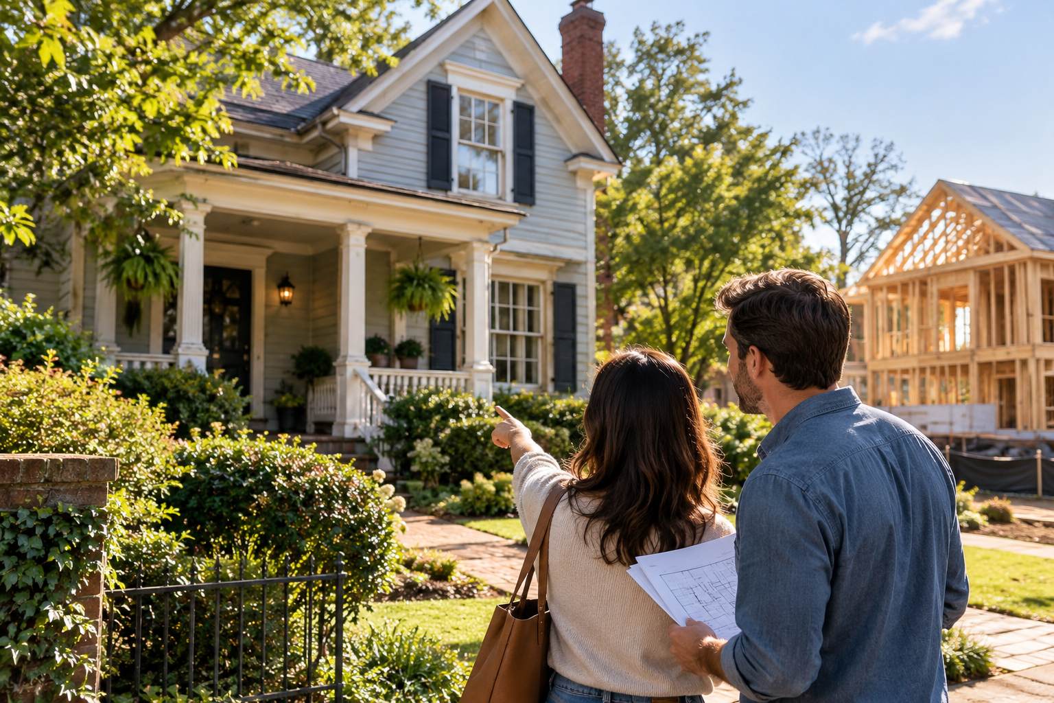 Couple examining an older Virginia house with a covered porch while reviewing renovation plans.